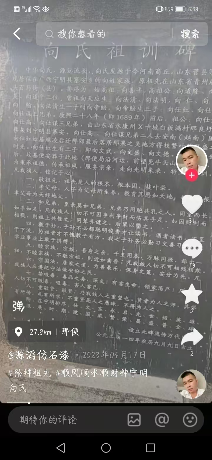 广西宁明县寨安乡的向姓家族祖训碑
